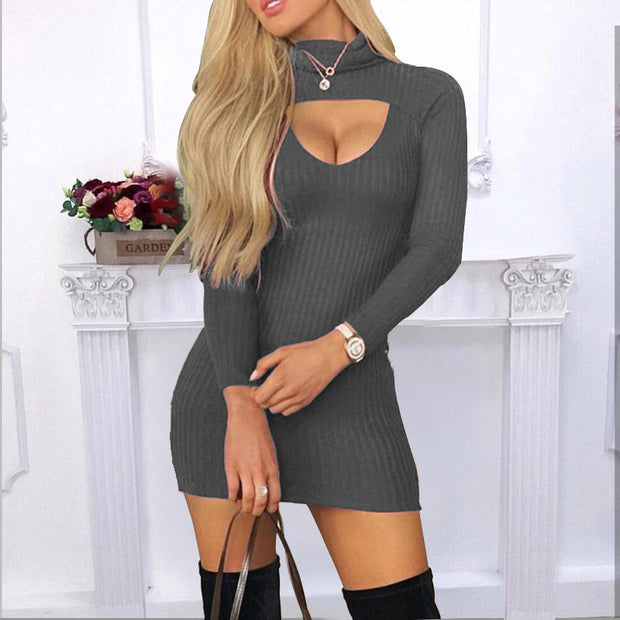 Slim-fit Solid Color Turtleneck Long Sleeve Rib Sunken Stripe Dress