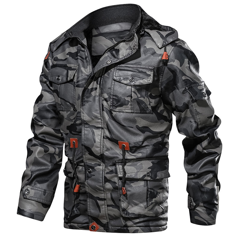 Winter Men Leather Jacket with Thick Military Hood