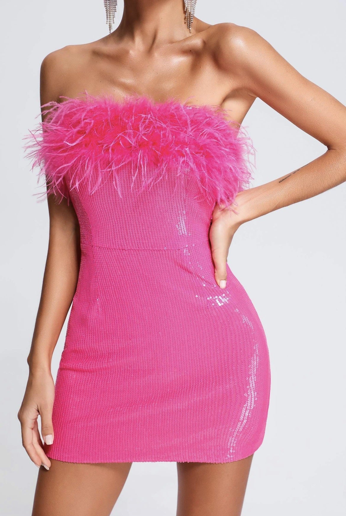 Faux Fur Stitching Sequined Party Dress