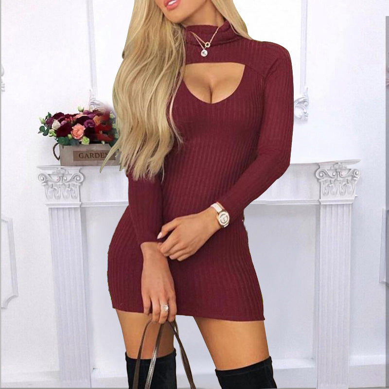 Slim-fit Solid Color Turtleneck Long Sleeve Rib Sunken Stripe Dress