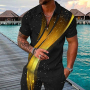 Men's Summer Fashion 3D Printed Short Sleeve Geometric Zip Lapel Shirt Set