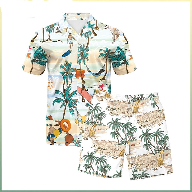 Men's Beach Travel Printed Cool Shorts Shirt Double-layer Two-piece Set