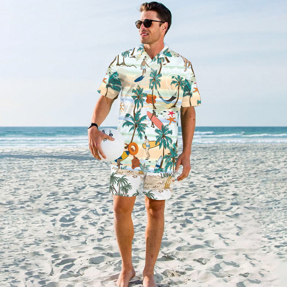 Men's Beach Travel Printed Cool Shorts Shirt Double-layer Two-piece Set