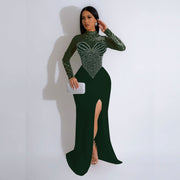 Women's Rhinestone Pearl See-through Waist-tight Stretch Split Dress