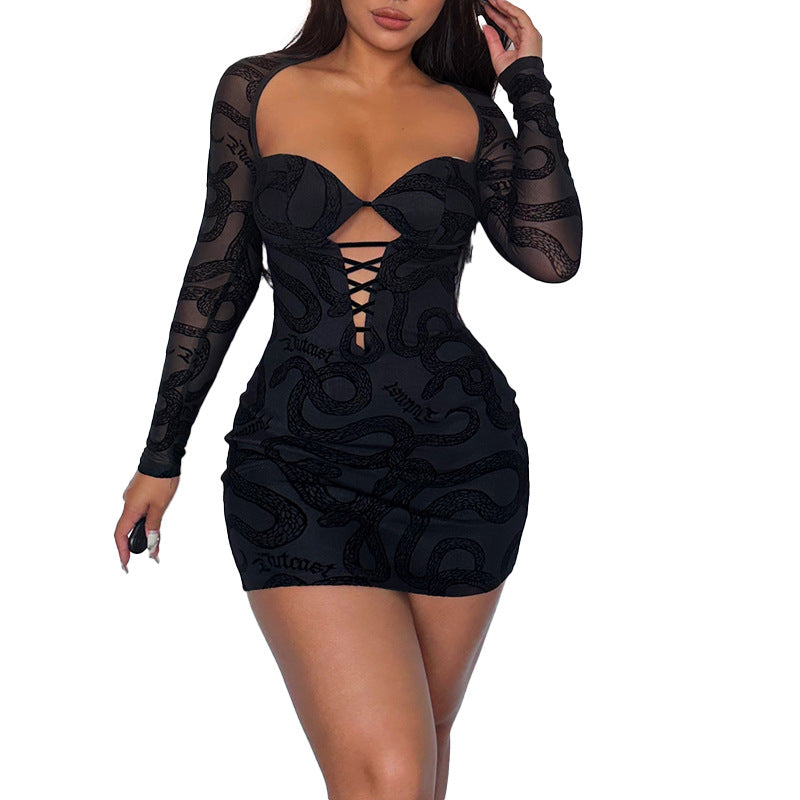 Lace Long Sleeve Sexy Cutout Flocked Printed Dress Ins