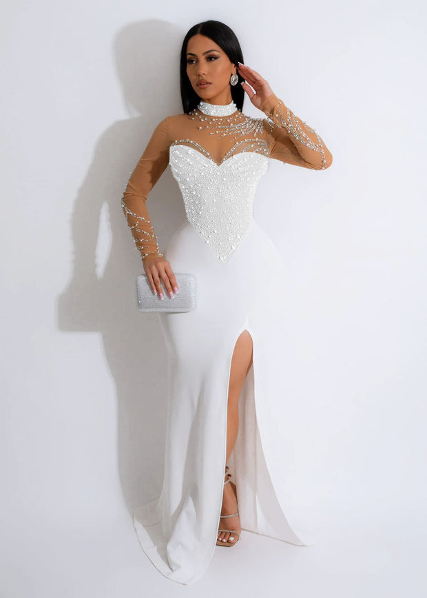 Women's Rhinestone Pearl See-through Waist-tight Stretch Split Dress