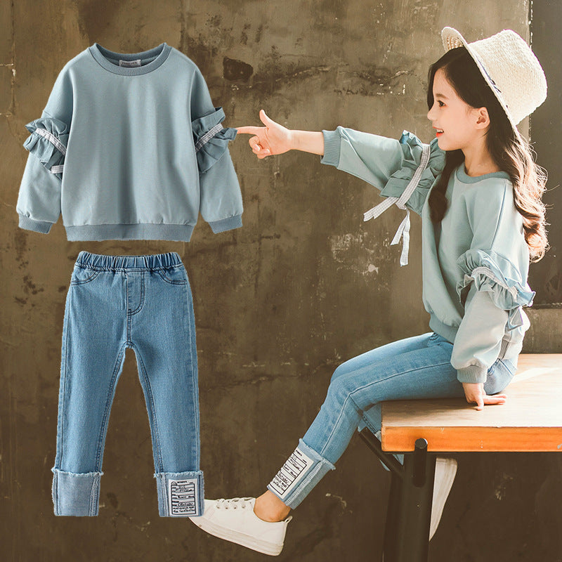 Girls' Lace Sleeve Jeans Two-Piece Set