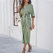 Spring And Summer Elegant Pure Color Tied Waist-tight Dress