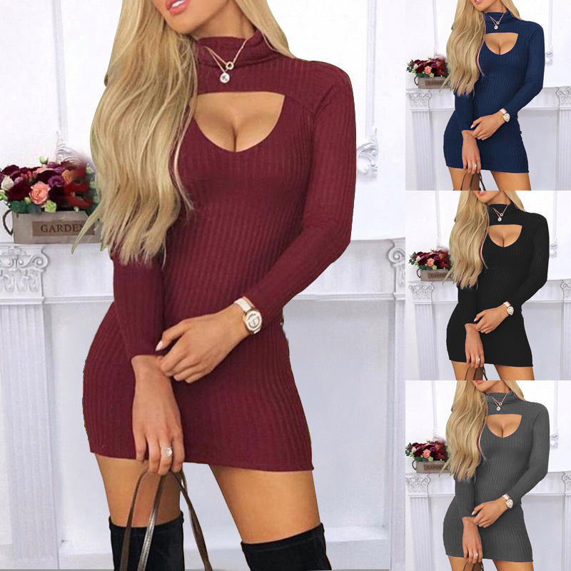 Slim-fit Solid Color Turtleneck Long Sleeve Rib Sunken Stripe Dress