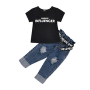 New Black Letter Print T-Shirt Button Ripped Denim Trousers Belt Set