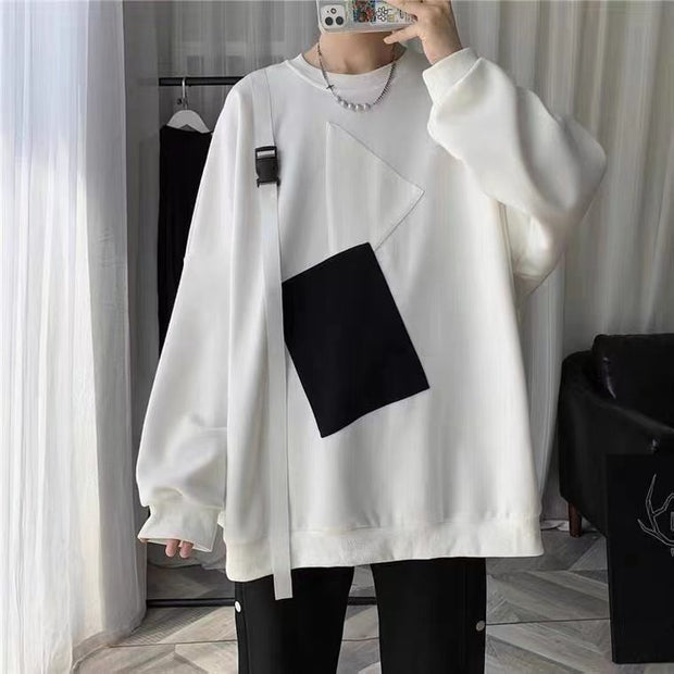 Men's Black And White Patched Sweatshirt With Design Sense