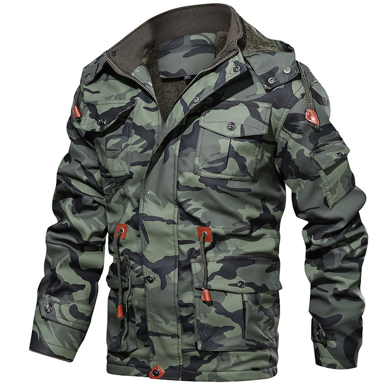 Winter Men Leather Jacket with Thick Military Hood