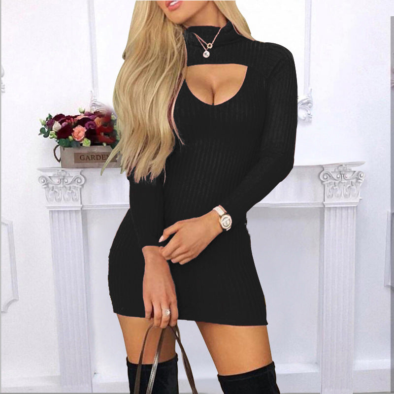 Slim-fit Solid Color Turtleneck Long Sleeve Rib Sunken Stripe Dress