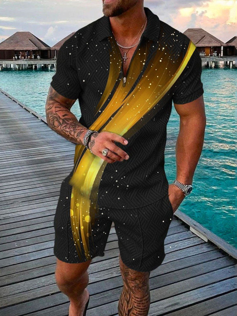 Men's Summer Fashion 3D Printed Short Sleeve Geometric Zip Lapel Shirt Set