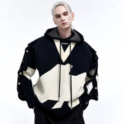 Black And White Fake Two-piece Embroidered Hooded Knitted Hoodie Jacket For Men