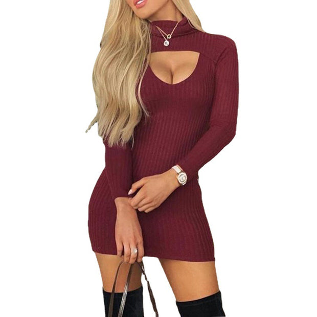 Slim-fit Solid Color Turtleneck Long Sleeve Rib Sunken Stripe Dress