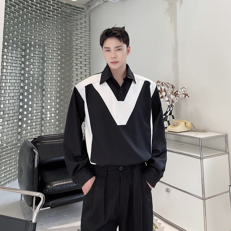 Black And White Color Matching Temperament Pullover Shirt Lapel