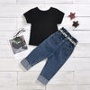 New Black Letter Print T-Shirt Button Ripped Denim Trousers Belt Set